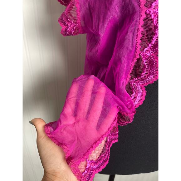 Woolite Sheer Lace Hem Short Open Cardigan Womens Size Medium Hot Pink VTG Fairy - Picture 3 of 10